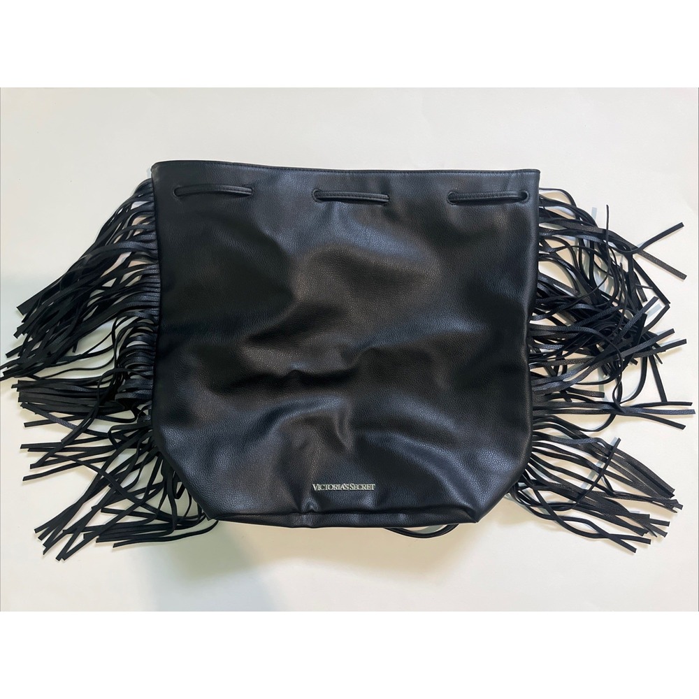 Victoria's Secret Black Faux Leather Drawstring Backpack Tote with‎ Fringe